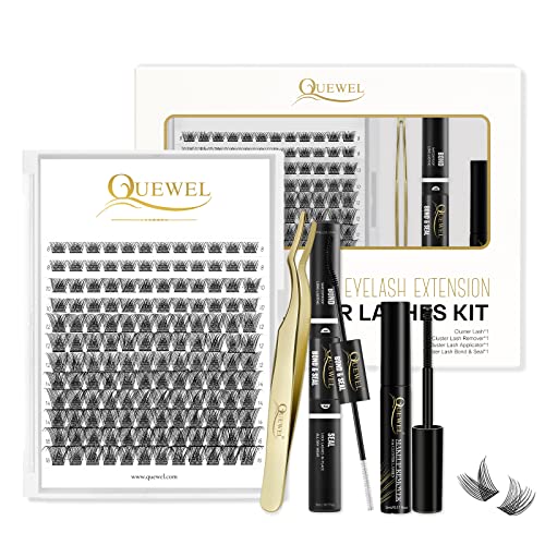 Individual Lashes 240 Cluster-Lashes QUEWEL DIY Lash-Extensions Kit, Clusters Eyelash Applicator, Cluster Lashes Bond and Seal Super Hold, Cluste