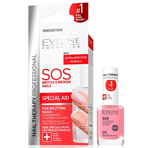 Eveline Cosmetics SOS Broken & Brittle Nail Therapy Professional | 12 ML | Strengthening Hardening Conditioner with Calcium and Collagen | Repair