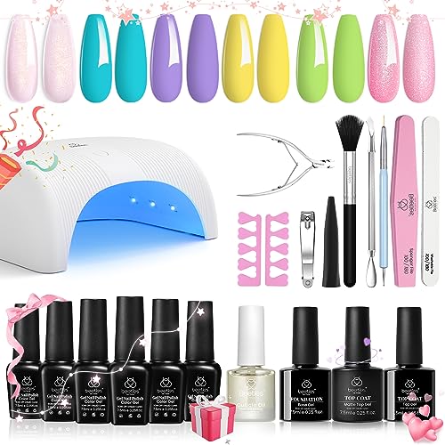 Beetles Gel Nail Polishes Starter Kit, 6 Colors Nail Salon Set with 48W Nail Lamp, Pink Valentines Decorations French White Glitter Pink Nude Gel