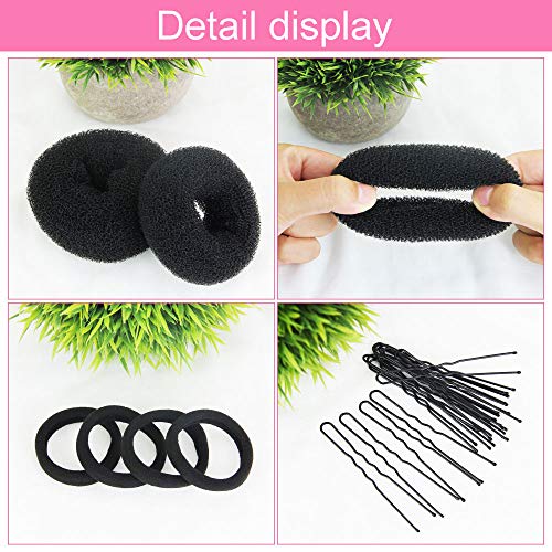 GOLRISEN Donut Hair Bun Maker Set,Black Bun Shaper,Hair Styling Accessory Dount Ring Style 10pcs Chignon Bun Maker (2L/4M/4S) with Hair Elastic B