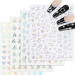 9 Sheets Holographic Nail Art Stickers Self-Adhesive Nail Decals Star Butterfly Flame Moon Flower Nail Sticker Manicure Tips DIY Nail Art Design