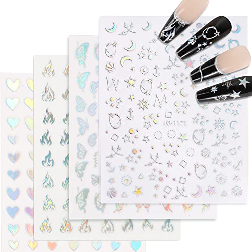 9 Sheets Holographic Nail Art Stickers Self-Adhesive Nail Decals Star Butterfly Flame Moon Flower Nail Sticker Manicure Tips DIY Nail Art Design