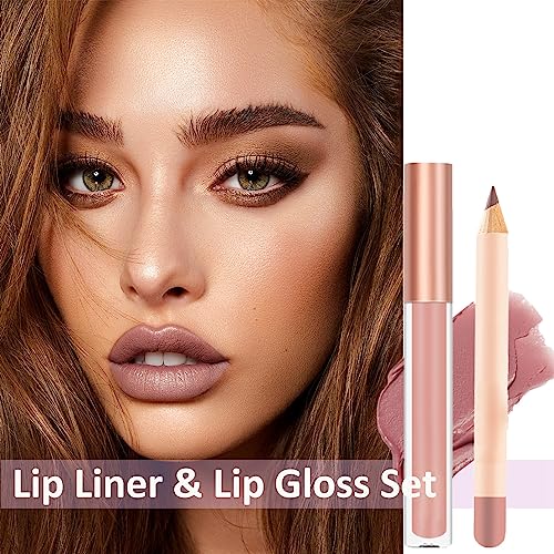 Nude Liquid Lipgloss - Lip Liner and Lipstick Set - Non-Sticky Long Lasting Waterproof Lip Stain - Highly Pigment Lip Stick & Lipliner Pencil - L