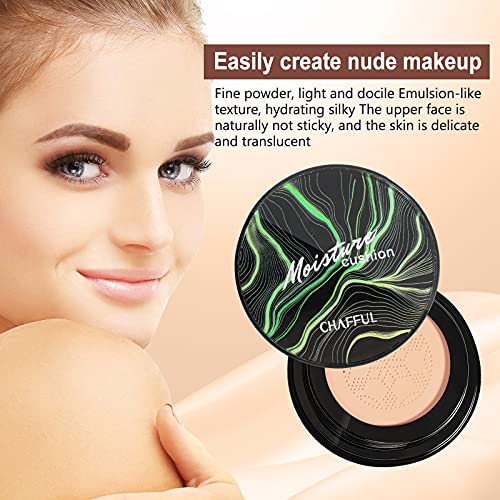 Mushroom Head Air Cushion CC Cream, BB Cream, Moisturizing Concealer, Makeup Base Long Lasting with Mushroom Makeup Sponge, Easy to Apply, Round