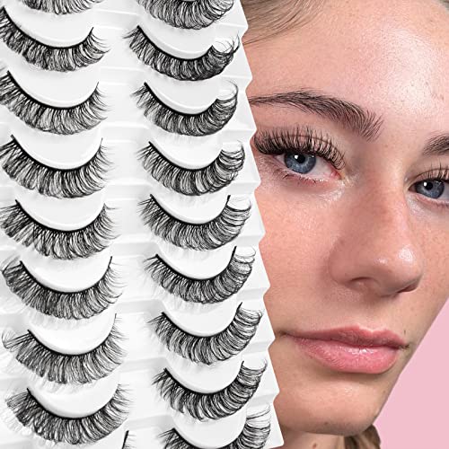 Glowingwin Cat Eye Lashes Natural Look Russian Eyelashes D Curl Russian Strip Lashes Wispy Fluffy 3D Faux Mink Lashes Hybrid Strip Lashes 10 Pair