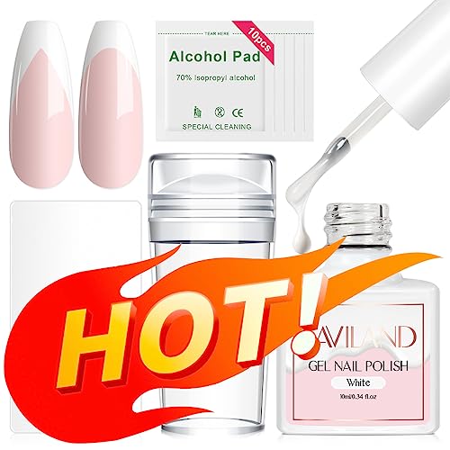 Saviland French Nail Stamp Kit – Clear Nail Stamper with White Gel Nail Polish & Nail Scraper French Nail Tip Tools Silicone Jelly French Tip Sta