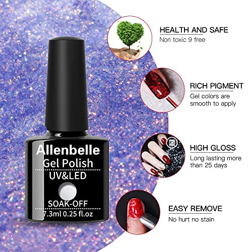 Allenbelle (Base Coat Top Coat And One Color Gel) Gel Nail Polish Set 3PC,Base Top Coat With One Gel Polish Set,Shellac Nail Polish UV LED Lamp N