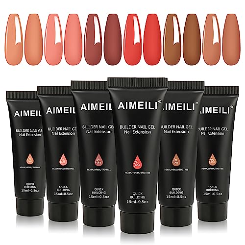 AIMEILI Poly Nail Gel Set, 6 Colors 15ml Nude Pink Brown Daily Collection Nail Extension Gel Set Builder Nail Gel French Manicure DIY Design Nail