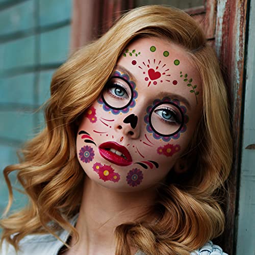 Day of the Dead Tattoo, 18 Sheets Day of the Dead Decorations Halloween Face Temporary Tattoos, Day of the Dead Stickers Sugar Skull Skeleton for