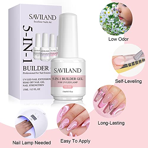 Saviland 5 in 1 Nudes Builder Gels - 15ml Builder Base Strengthening Gel for Thin Nails U V Nail Gel Polish for Nails Repair Reinforcement Extens