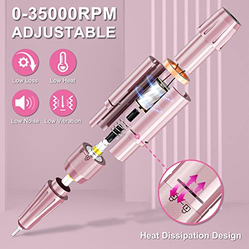 ENGERWALL Professional Rechargeable 35000 RPM Nail Drill, 20+ Hours Battery Life Portable Electric Nail File Kit with 13 Bits & 56 Sanding Bands