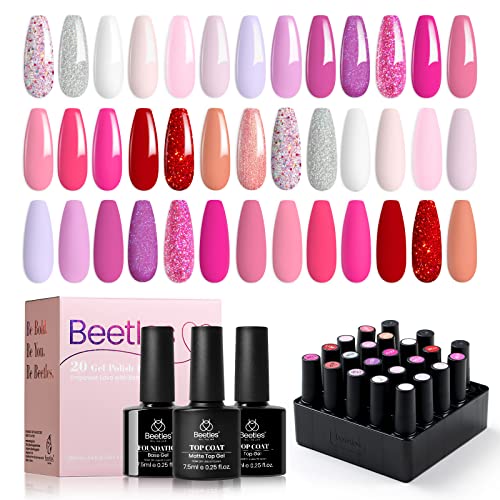 Beetles Gel Nail Polish - 20 Pcs Gel Nail Polish Set Pastel Paradise Soak Off Nail Gel Polish Nude Gray Pink Blue Glitter Gel Polish Starter Kit