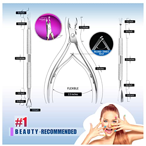 Cuticle Nippers Cuticle Pusher, 3 Pack Professional Cuticle Remover Set Stainless Steel Cuticle Cutter Cuticle Clipper Tools for Manicure and Ped