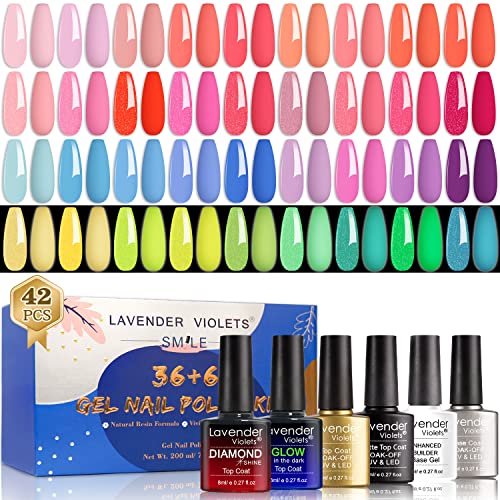 Lavender Violets 36+6 Pcs Gel Nail Polishes Set Neon UV LED Soak Off Varnish With Base,Glossy/Matte/Dimond/Glow-in-the-dark Top Coat Starter Kit