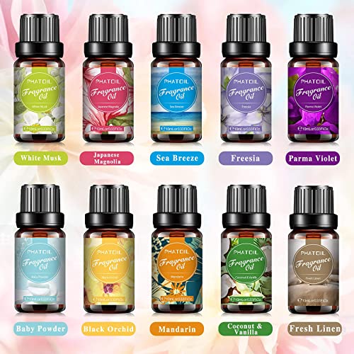 PHATOIL Fragrance Oils for Soap Making -10 Scented Oil White Musk, Coconut&Vanilla, Fresh Linen, Sea Breeze, Parma Violet, Black Orchid, Baby Pow
