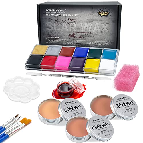 immetee SFX Makeup Kit, Special Effect Face Body Paint Halloween Makeup, Face Paint Oil Palette+3 Scar Wax+1 Fake Blood+4 Paint Brushes+1 Spatula
