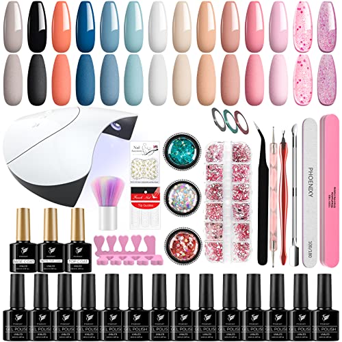 Gel Nail Polish Kit with U V/LED Nail Lamp Phoenixy 14 Colours 10ml Soak Off Gel Nail Polish Set and Glossy Matte Base Top Coat Gift Set for Wome