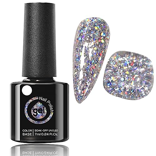 Glitter Gel Nail Polish - Silver Gel Nail Polish - Soak Off UV LED Sparkle Silver Glitter Gel Polish - Long-Lasting - Ideal for Home Use