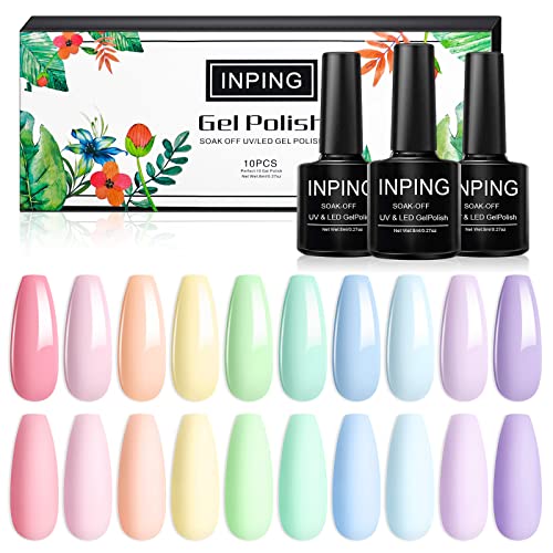 INPING Pastel Gel Nail Polish, 10 Color Spring Summer Nail Polishes Set Candy Macaroon Collection Required Soak Off UV/LED Lamp for Starter DIY N