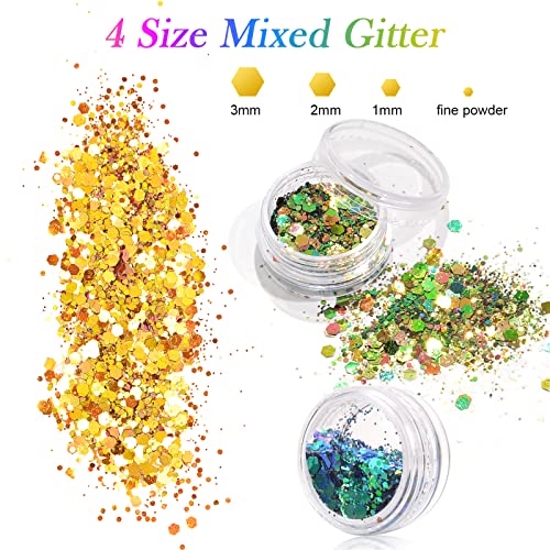 AOOWU Chunky Glitter, 12 Colors Festival Glitter, Nail Glitter Powder, Holographic Cosmetic Glitter for Face Body Eye Hair Nail and DIY Art (A)