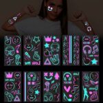 Neon Temporary Tattoos Glow In Dark, 10 Sheet Waterproof Face Tattoos Stickers UV Blacklight Rave Festival Party Flash Music Fake Tattoos Accesso