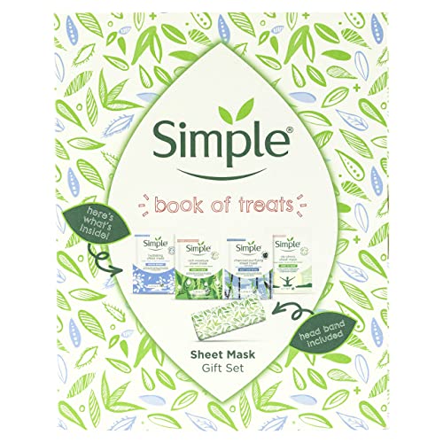 Simple Book of Treats Four Sheet Masks for every skin condition with a stretch head band Gift Set Festive gifts for Women 4 piece