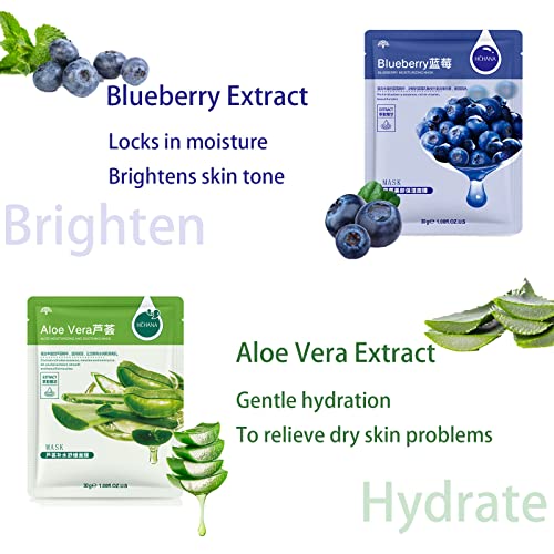 Sheet Mask,5Pcs Fruit Extract Face Mask Set,Aloe Vera Gel Face Mask,Hydrating Face Mask,Face Masks Beauty,Face Masks Skincare,Improves Skin Face