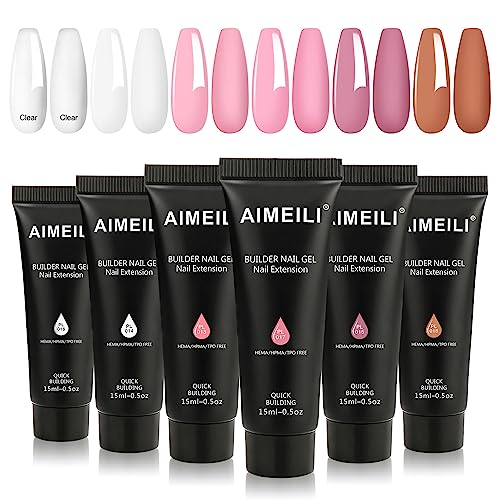AIMEILI Poly Nail Gel Set, 6 Colors 15ml Nude Pink Brown Daily Collection Nail Extension Gel Set Builder Nail Gel French Manicure DIY Design Nail