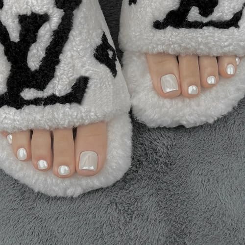 Glitter French False Toenails, Acrylic Press on Toe Nails, White Fake Toe Nails with Glue Sticker Stick on Nails for Toe for Women and Girls Fash