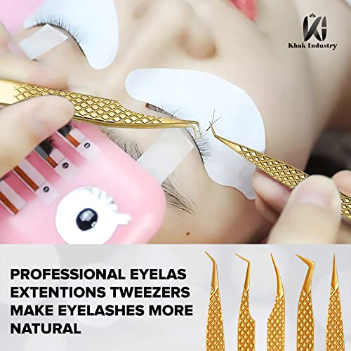 Eyelash Tweezers Professional Japanese Stainless Steel Tweezers uplift Eyelash Tweezing 5-PC Lash Extension Kit for Lifting Lashes Straight and C