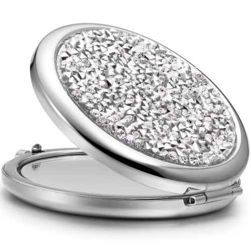 OMIRO Compact Mirror, Mini Mix Diamond 1X/2X Magnifying Round Metal Pocket Makeup Mirror (Silver)
