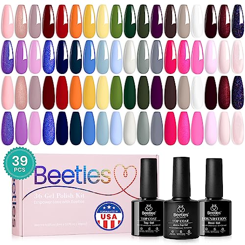 Beetles Gel Nail Polish Kit 20 Colors with 3Pcs Base Gel Glossy & Matte Top Coat Romance Rebellion, 2023 Summer Trendy Pink Red Blue Purple Glitt