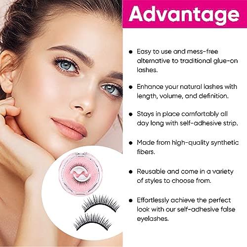 Reusable Adhesive Eyelashes,2 Pairs Self Adhesive Eyelashes and A Pink Lash Tweezer Reusable False Eyelashes Pre Glued Eyelashes Self Stick Lashe