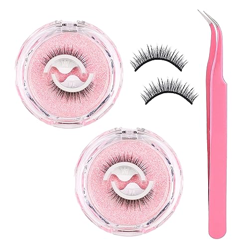 Reusable Adhesive Eyelashes,2 Pairs Self Adhesive Eyelashes and A Pink Lash Tweezer Reusable False Eyelashes Pre Glued Eyelashes Self Stick Lashe