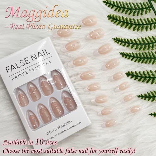 French False Nails, Press on Nails Medium Length, Acrylic White Tip Pearl Stick on Nails, 24pcs Almond False Nails with Glue Elegant Ballerina Fa