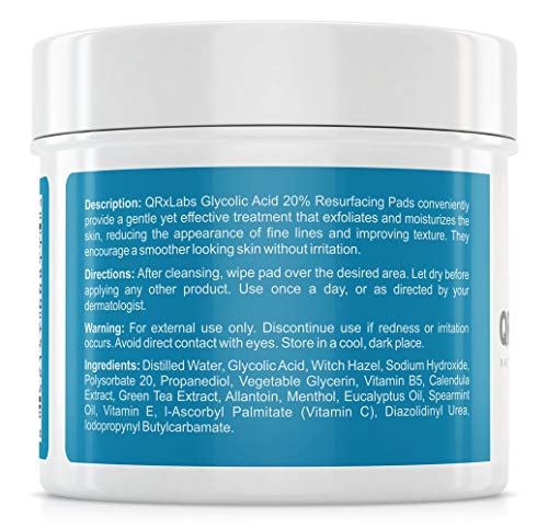 QRxLabs Glycolic Acid 20% Resurfacing Pads With Vitamins B5, C & E, Green Tea, Calendula, Allantoin - Exfoliates Surface Skin And Reduces Fine Li