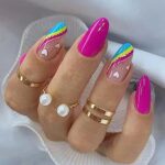 24pcs False Nails Short Oval Rainbow Colored Stick on Nails White Heart Press on Nails Removable Glue-on Nails Fake Nails Women Girls Nail Art Ac