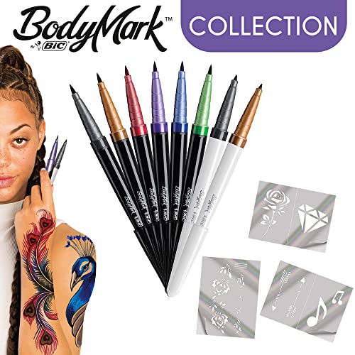 Bic BodyMark Collection Fine - Temporary Tattoo Markers, Cosmetic Quality for Use on Skin - Pack of 8 Assorted Colours, 6 Brush Tips and 2 Fine T