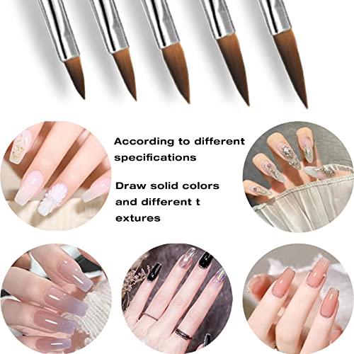 Acrylic Nail Brush Set,5 Pcs Round Sable Acrylic Design Nail Art UV Gel DIY Brush Pen Nail Art Tool Set No.4/6/8/10/12 (Silver)