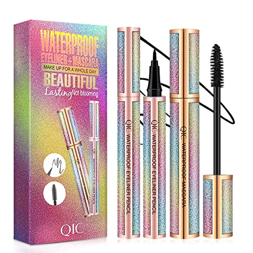 QIC Mascara, Black Mascara With Eyeliner Set, 4D Silk Fiber Eyelash Mascara with Liquid Eyeliner Kit, Waterproof, Sweat-Proof, SmudgeProof, Long