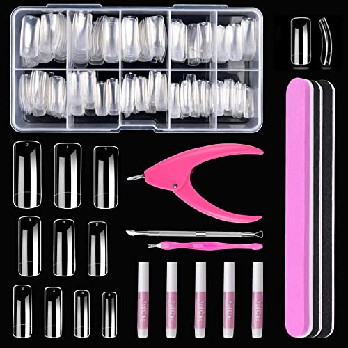 Clear Coffin Nail Tips Set, MORGLES 500 Pcs Clear Fake Nails French Tip Nails Acrylic Long Coffin Half Cover Nail Tips Ballerina False Nails with