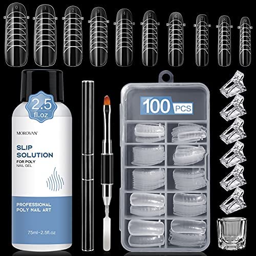 Morovan Slip Solution Poly Gel Nail Extension Gel Slip Solution 2.5oz Anti-stick Gel Solution Liquid With Brush Nail Tips Clips Crystal Cup for P