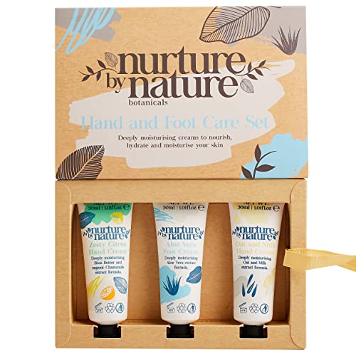 Nurture by Nature Hand Cream and Foot Cream Gift Set, 3 x 30ml, Moisturising Organic Hand Cream, Citrus, Shea Butter, Oat, Milk, Aloe, Gift for W