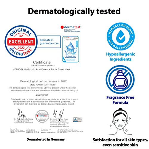 MEAROSA* Dermatologically tested, 8.5% Hyaluronic Acid, Niacinamide, Vitamin E Essence Facial Sheet Masks Sensitive skin Vegan Formula Hydrating