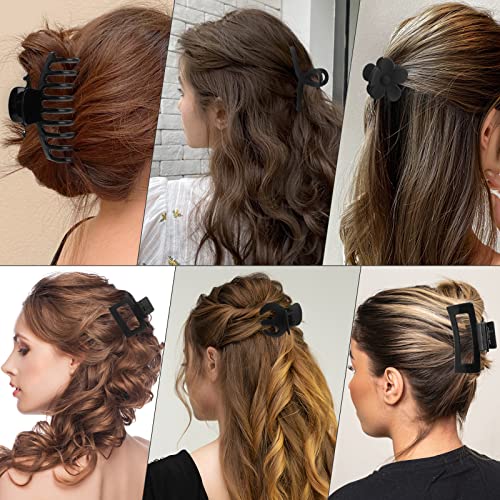 Lusofie 6PCS Black Hair Clips, Large Hair Clips for Thick Hair Black Claw Clips Matte Non Slip Jaw Clips Flower Banana Butterfly Claw Clips Hair