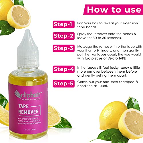 Cliphair Tape Hair Extensions Remover 30ml, Easy to Use Tape Remover Hair Extensions 1 FL oz, Citrus Oil Enriched Adhesive Tape Remover 30ml