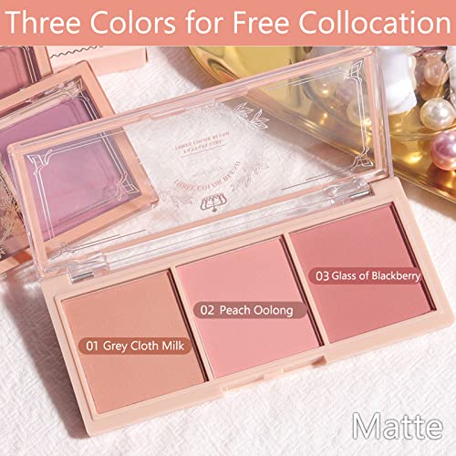 Blushers for Cheeks, 3 In 1 Color Matte Face Blush Make Up Powder, Makeup Blusher for Long-Lasting Sweat-Resistant Non-Greasy Blush Glow Matte Br