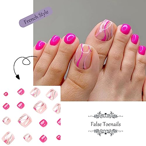 French False Toenails Short - Acrylic Press on Toe Nails - Pink Stick on Toenails with Glue - Full Cover Toe Nail Tips for Women Girls Nail Art