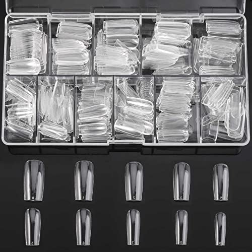 Almond Shaped Nail Tips 500Pcs Clear Acrylic Medium Nails Full Cover with Case for DIY Nail Art, 10 Sizes