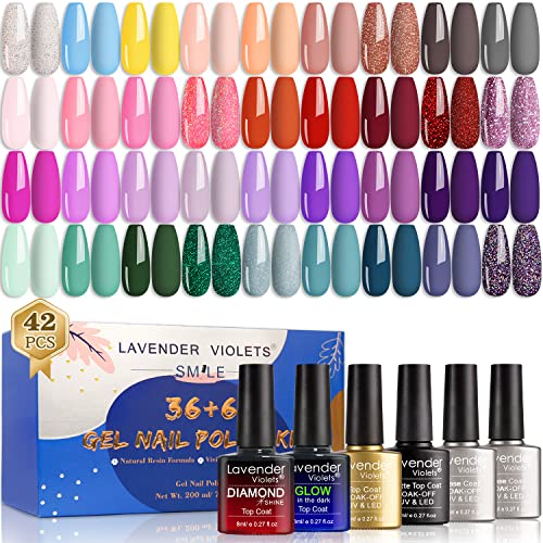 Lavender Violets 36+6 Pcs Gel Nail Polishes Set Neon UV LED Soak Off Varnish With Base,Glossy/Matte/Dimond/Glow-in-the-dark Top Coat Starter Kit